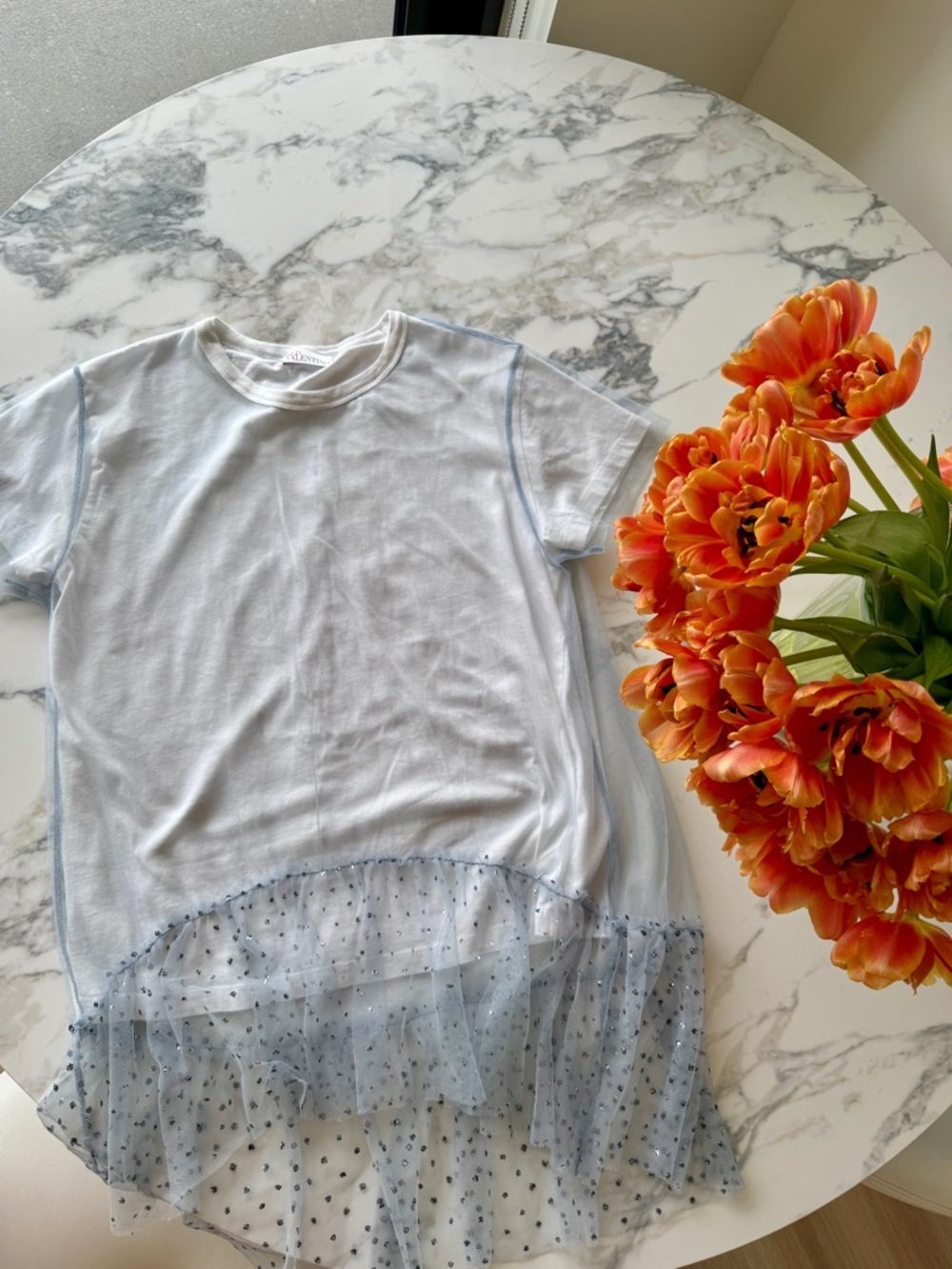 RED Valentino White Tee with Blue Polka Dot Sheer Overlay
